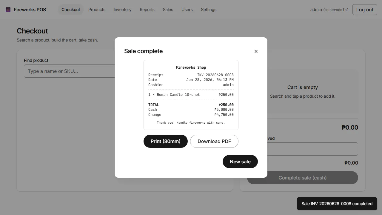Completed sale dialog with an 80mm receipt preview showing items, cash received, and change
