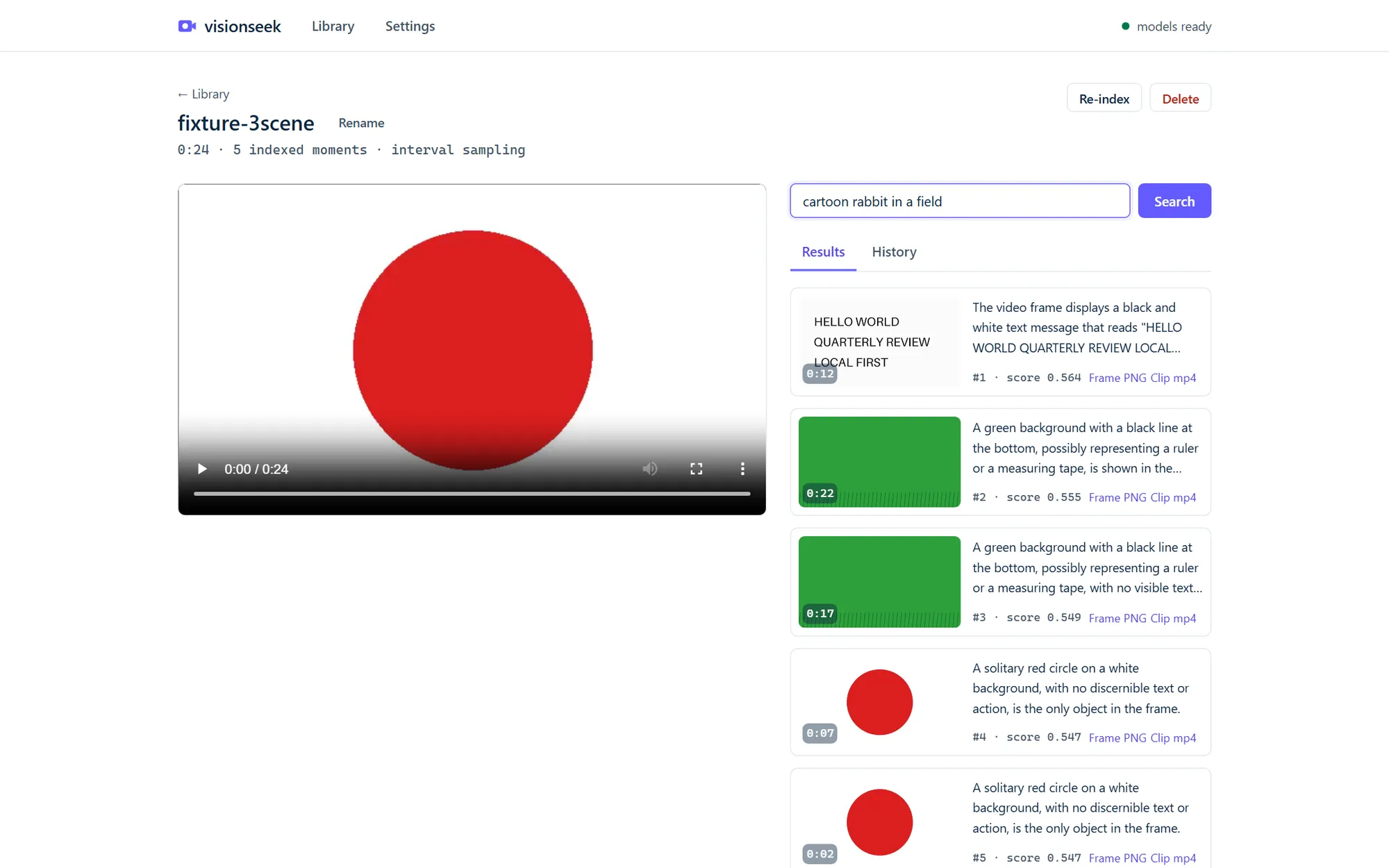 visionseek video page: a search for a described moment returning captioned frames with similarity scores and timestamps beside the player