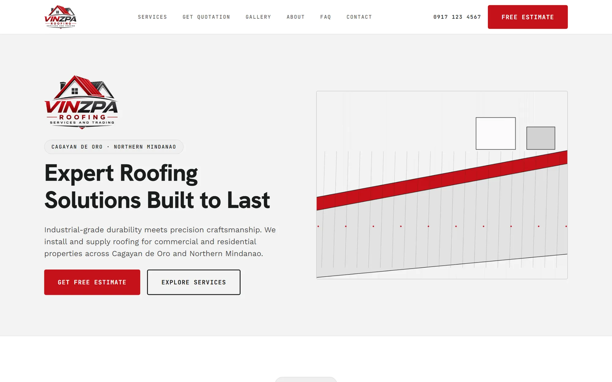 VINZPA Roofing home page hero with logo, Cagayan de Oro service area, free estimate call to action and roofing illustration
