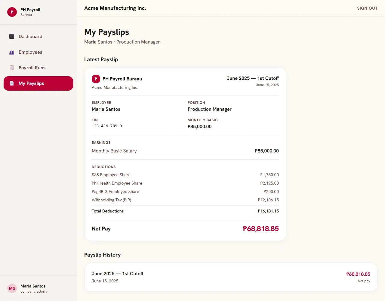 Employee payslip with SSS, PhilHealth, Pag-IBIG and BIR withholding deductions and net pay
