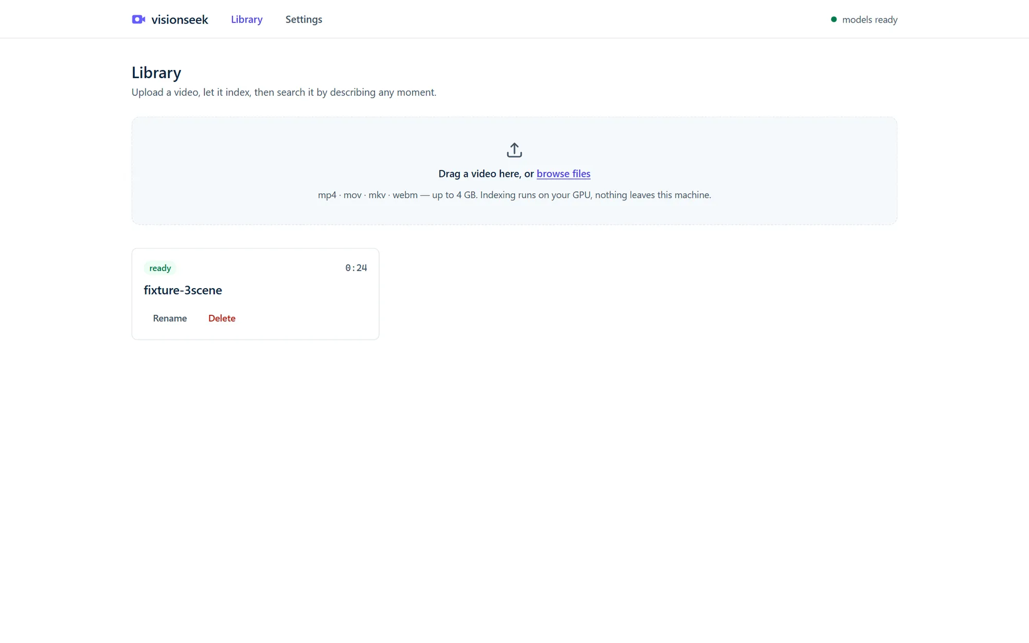 visionseek library page with an indexed video, upload drop zone, and models-ready status