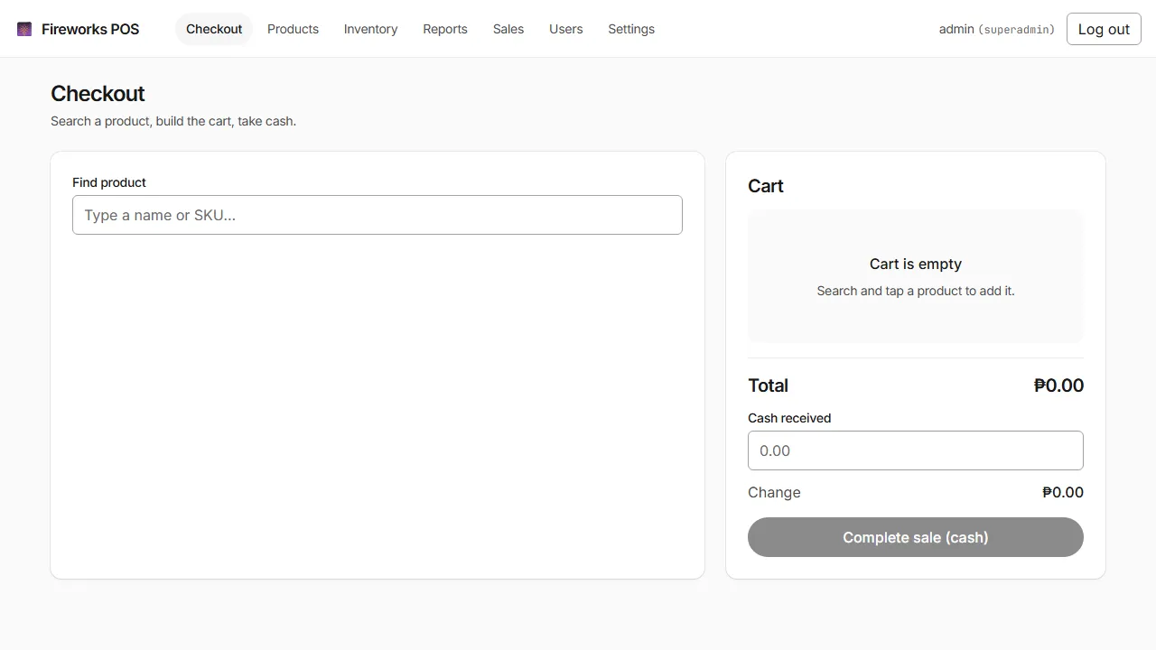 Checkout screen with product search and a cart panel showing total, cash received, and change