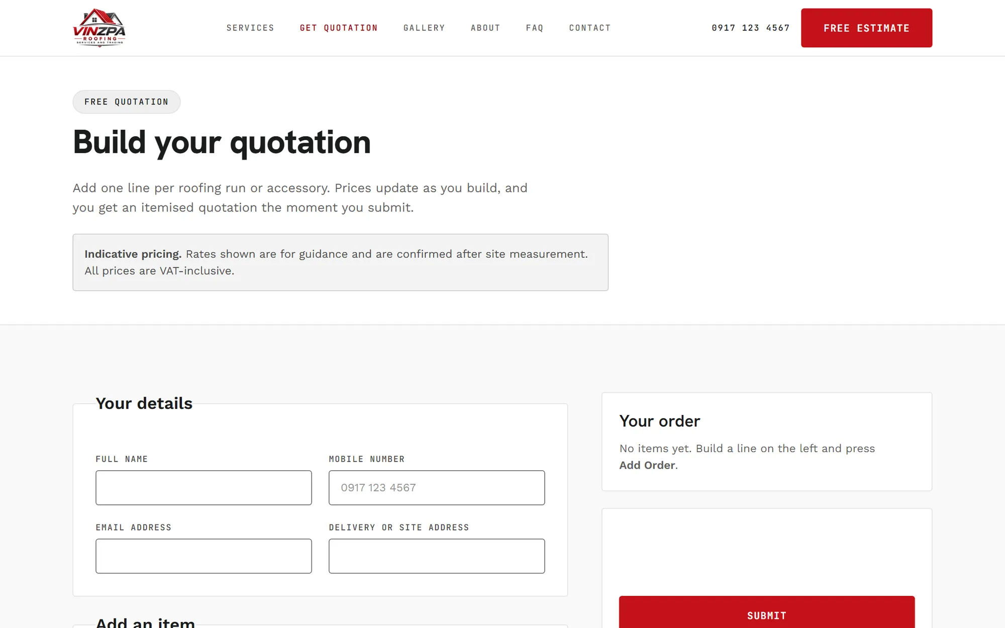 Quotation builder page with customer details form, order panel and indicative VAT-inclusive pricing notice
