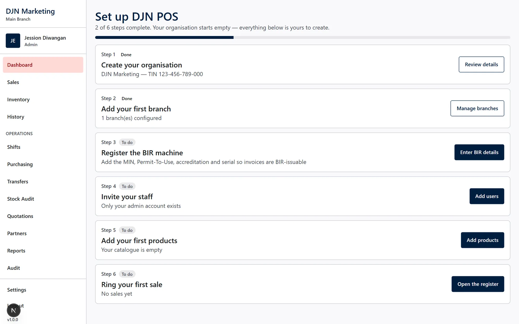 Six-step onboarding checklist: organisation, first branch, BIR machine registration, staff, products, first sale