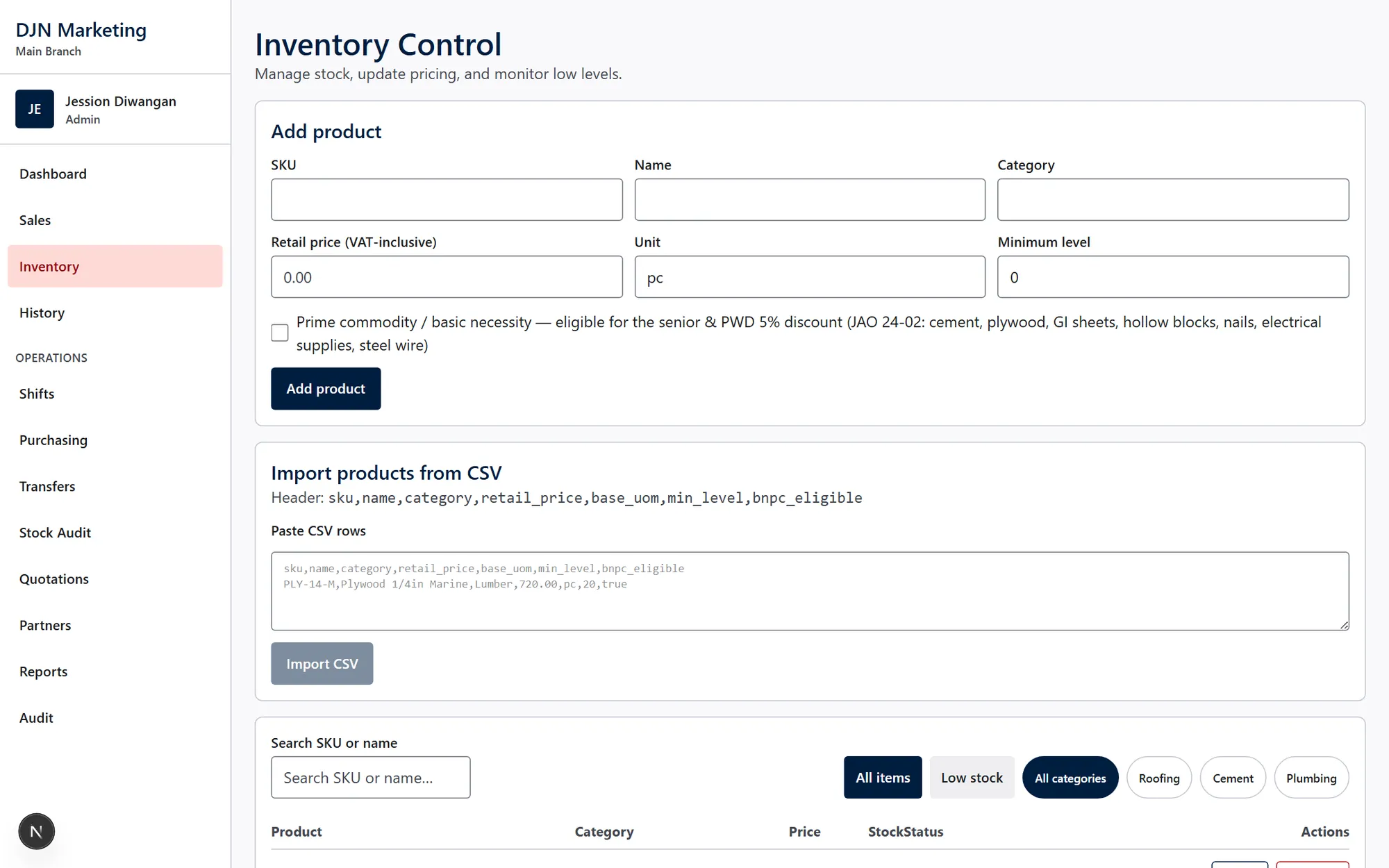 Inventory control page with add-product form, JAO 24-02 eligibility flag, CSV import, and category filters